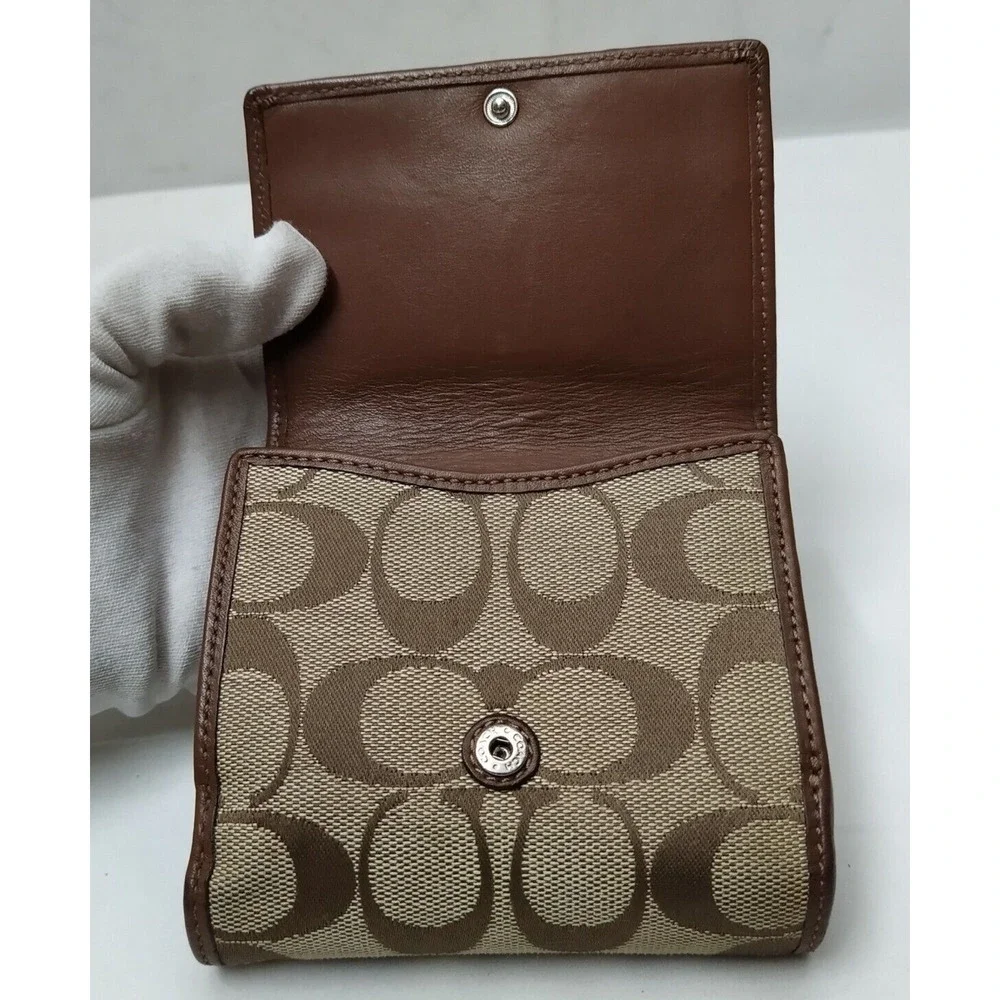 Coach Signature Brown Canvas Leather Trim Credit Card ID Window Trifold Wallet